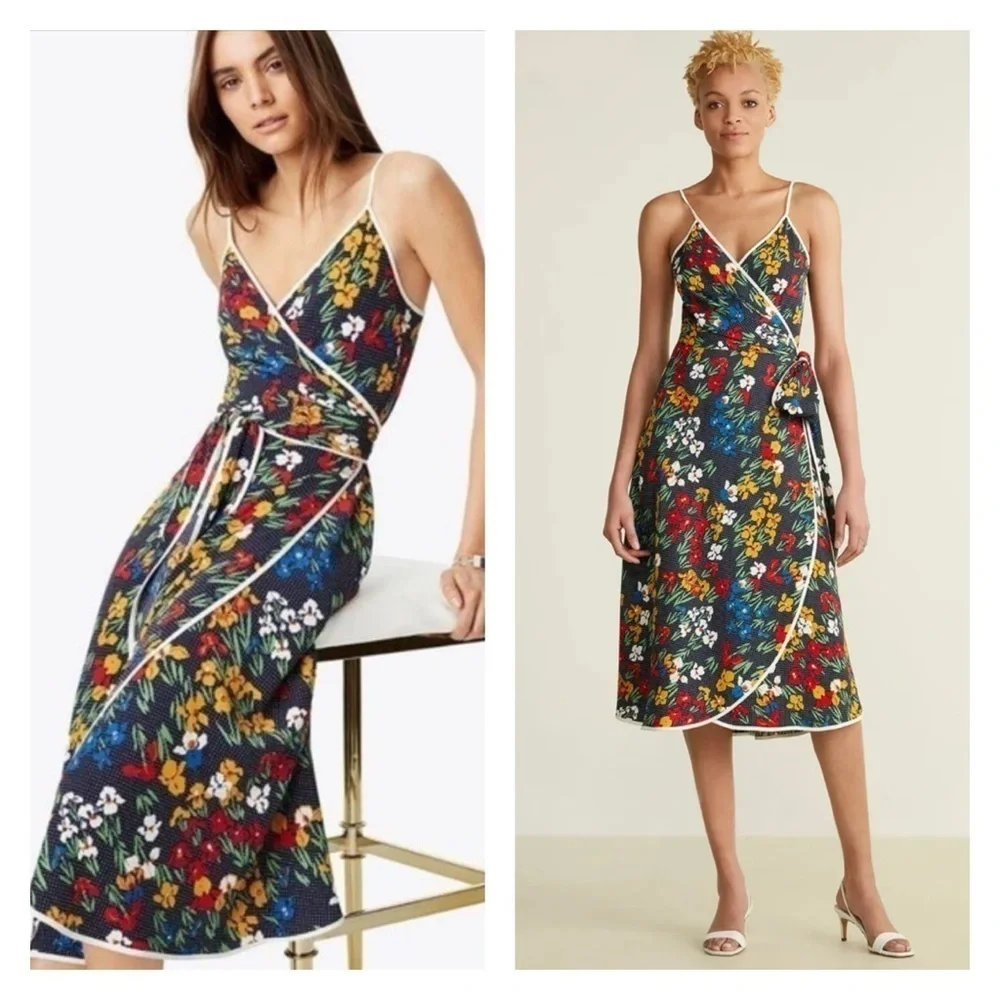TORY BURCH Navy Blue Floral Grotto Midi Wrap Dress Size 8
